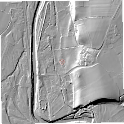 Shaded relief map of the ground around CA57QH, computed from Environment Agency LiDAR. The ground here sits at about 47 m above sea level and falls 26 m across the surrounding 800 m. Surface water reaching this point runs off ground lying to the east-south-east, 6.9 m higher.