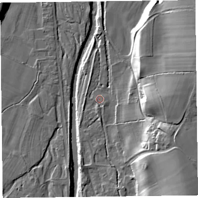 Shaded relief map of the ground around CA57QJ, computed from Environment Agency LiDAR. The ground here sits at about 45 m above sea level and falls 26 m across the surrounding 800 m. Surface water reaching this point runs off ground lying to the south-east, 20.6 m higher.