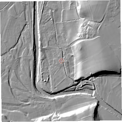 Shaded relief map of the ground around CA57QL, computed from Environment Agency LiDAR. The ground here sits at about 48 m above sea level and falls 25 m across the surrounding 800 m. Surface water reaching this point runs off ground lying to the south-east, 1.4 m higher.