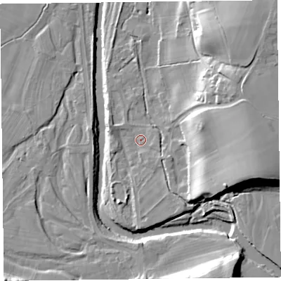 Shaded relief map of the ground around CA57QN, computed from Environment Agency LiDAR. The ground here sits at about 47 m above sea level and falls 25 m across the surrounding 800 m. Surface water reaching this point runs off ground lying to the south-east, 2.3 m higher.