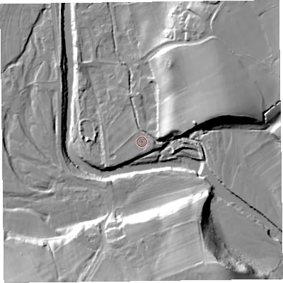 Shaded relief map of the ground around CA57QQ, computed from Environment Agency LiDAR. The ground here sits at about 49 m above sea level and falls 31 m across the surrounding 800 m. Surface water reaching this point runs off ground lying to the east, 1.8 m higher.