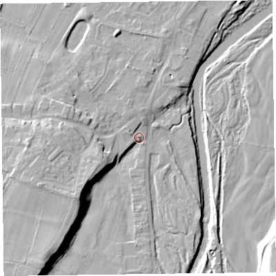 Shaded relief map of the ground around CA57QS, computed from Environment Agency LiDAR. The ground here sits at about 43 m above sea level and falls 19 m across the surrounding 800 m. Surface water reaching this point runs off ground lying to the south-west, 12.8 m higher.