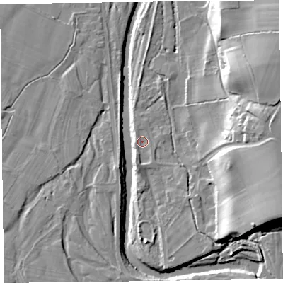 Shaded relief map of the ground around CA57QW, computed from Environment Agency LiDAR. The ground here sits at about 46 m above sea level and falls 25 m across the surrounding 800 m. Surface water reaching this point runs off ground lying to the south-south-west, 3.0 m higher.