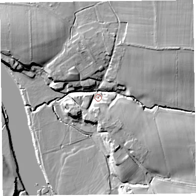 Shaded relief map of the ground around CA64AA, computed from Environment Agency LiDAR. The ground here sits at about 9 m above sea level and falls 15 m across the surrounding 800 m. Surface water reaching this point runs off ground lying to the east-north-east, 12.6 m higher.