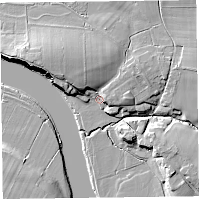 Shaded relief map of the ground around CA64AD, computed from Environment Agency LiDAR. The ground here sits at about 8 m above sea level and falls 17 m across the surrounding 800 m. Surface water reaching this point runs off ground lying to the west-north-west, 13.6 m higher.