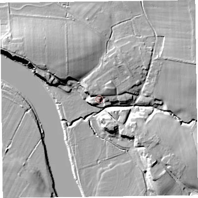 Shaded relief map of the ground around CA64AF, computed from Environment Agency LiDAR. The ground here sits at about 11 m above sea level and falls 17 m across the surrounding 800 m. Surface water reaching this point runs off ground lying to the north-east, 6.8 m higher.