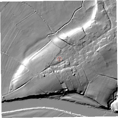 Shaded relief map of the ground around CA64AU, computed from Environment Agency LiDAR. The ground here sits at about 17 m above sea level and falls 17 m across the surrounding 800 m. Surface water reaching this point runs off ground lying to the south-west, 5.9 m higher.