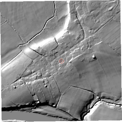 Shaded relief map of the ground around CA64AW, computed from Environment Agency LiDAR. The ground here sits at about 16 m above sea level and falls 17 m across the surrounding 800 m. Surface water reaching this point runs off ground lying to the east, 3.1 m higher.