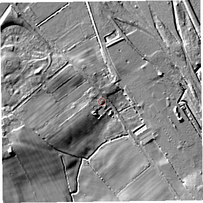 Shaded relief map of the ground around CA64BB, computed from Environment Agency LiDAR. The ground here sits at about 16 m above sea level and falls 10 m across the surrounding 800 m. Surface water reaching this point runs off ground lying to the west-south-west, 3.8 m higher.