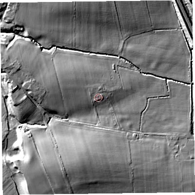 Shaded relief map of the ground around CA64BQ, computed from Environment Agency LiDAR. The ground here sits at about 14 m above sea level and falls 14 m across the surrounding 800 m. Surface water reaching this point runs off ground lying to the north, 1.0 m higher.