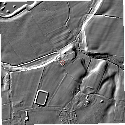 Shaded relief map of the ground around CA64BS, computed from Environment Agency LiDAR. The ground here sits at about 11 m above sea level and falls 10 m across the surrounding 800 m. Surface water reaching this point runs off ground lying to the south-south-west, 3.6 m higher.
