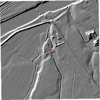 Shaded relief map of the ground around CA64BT, computed from Environment Agency LiDAR. The ground here sits at about 9 m above sea level and falls 11 m across the surrounding 800 m. Surface water reaching this point runs off ground lying to the east-north-east, 4.3 m higher.