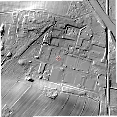 Shaded relief map of the ground around CA64BU, computed from Environment Agency LiDAR. The ground here sits at about 22 m above sea level and falls 17 m across the surrounding 800 m. Surface water reaching this point runs off ground lying to the north, 9.4 m higher.