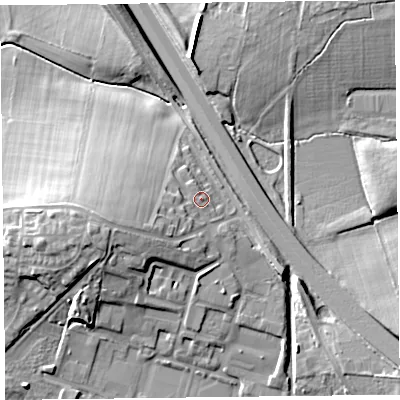 Shaded relief map of the ground around CA64BZ, computed from Environment Agency LiDAR. The ground here sits at about 26 m above sea level and falls 17 m across the surrounding 800 m. Surface water reaching this point runs off ground lying to the west-south-west, 6.1 m higher.