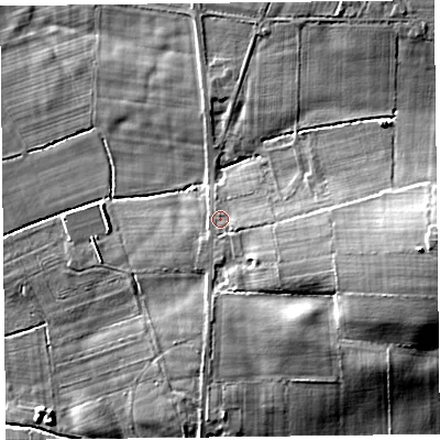 Shaded relief map of the ground around CA64EA, computed from Environment Agency LiDAR. The ground here sits at about 23 m above sea level and falls 20 m across the surrounding 800 m. Surface water reaching this point runs off ground lying to the east, 7.9 m higher.