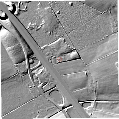 Shaded relief map of the ground around CA64HA, computed from Environment Agency LiDAR. The ground here sits at about 13 m above sea level and falls 11 m across the surrounding 800 m. Surface water reaching this point runs off ground lying to the east-north-east, 2.6 m higher.