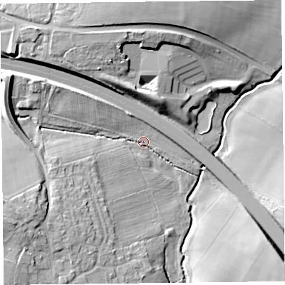 Shaded relief map of the ground around CA64JE, computed from Environment Agency LiDAR. The ground here sits at about 20 m above sea level and falls 17 m across the surrounding 800 m. Surface water reaching this point runs off ground lying to the west-south-west, 11.6 m higher.
