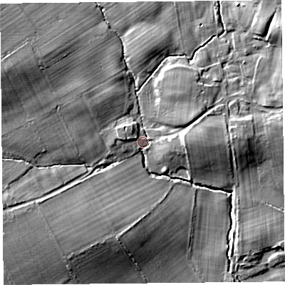 Shaded relief map of the ground around CA64LJ, computed from Environment Agency LiDAR. The ground here sits at about 27 m above sea level and falls 14 m across the surrounding 800 m. Surface water reaching this point runs off ground lying to the west-north-west, 10.0 m higher.