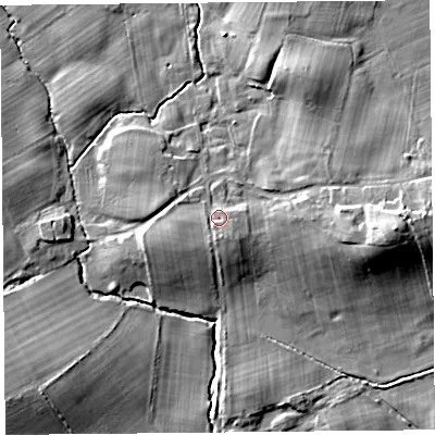 Shaded relief map of the ground around CA64LN, computed from Environment Agency LiDAR. The ground here sits at about 31 m above sea level and falls 17 m across the surrounding 800 m. Surface water reaching this point runs off ground lying to the south, 2.6 m higher.