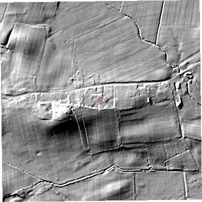 Shaded relief map of the ground around CA64LW, computed from Environment Agency LiDAR. The ground here sits at about 35 m above sea level and falls 17 m across the surrounding 800 m. Surface water reaching this point runs off ground lying to the south-south-west, 2.2 m higher.