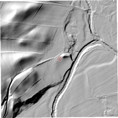 Shaded relief map of the ground around CA64NS, computed from Environment Agency LiDAR. The ground here sits at about 38 m above sea level and falls 37 m across the surrounding 800 m. Surface water reaching this point runs off ground lying to the west, 0.8 m higher.