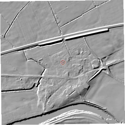 Shaded relief map of the ground around CA64PN, computed from Environment Agency LiDAR. The ground here sits at about 19 m above sea level and falls 9 m across the surrounding 800 m. Surface water reaching this point runs off ground lying to the east-north-east, 1.2 m higher.