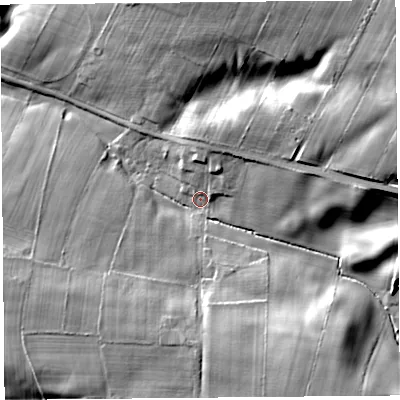 Shaded relief map of the ground around CA64PS, computed from Environment Agency LiDAR. The ground here sits at about 46 m above sea level and falls 21 m across the surrounding 800 m. Surface water reaching this point runs off ground lying to the east-north-east, 15.8 m higher.