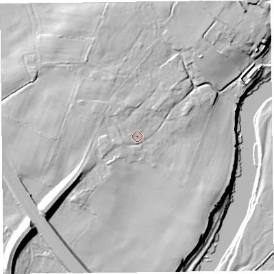 Shaded relief map of the ground around CA64PY, computed from Environment Agency LiDAR. The ground here sits at about 21 m above sea level and falls 16 m across the surrounding 800 m. Surface water reaching this point runs off ground lying to the west-south-west, 1.1 m higher.