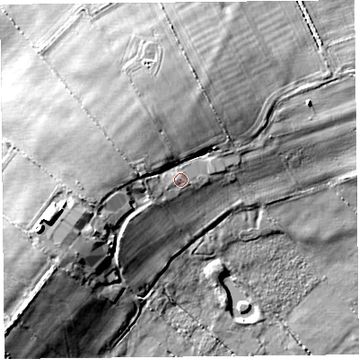 Shaded relief map of the ground around CA64QL, computed from Environment Agency LiDAR. The ground here sits at about 25 m above sea level and falls 14 m across the surrounding 800 m. Surface water reaching this point runs off ground lying to the west-south-west, 1.6 m higher.