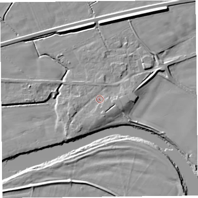 Shaded relief map of the ground around CA64QN, computed from Environment Agency LiDAR. The ground here sits at about 19 m above sea level and falls 9 m across the surrounding 800 m. Surface water reaching this point runs off ground lying to the east-south-east, 2.4 m higher.