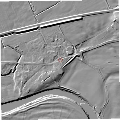 Shaded relief map of the ground around CA64QP, computed from Environment Agency LiDAR. The ground here sits at about 18 m above sea level and falls 10 m across the surrounding 800 m. Surface water reaching this point runs off ground lying to the south-south-west, 2.7 m higher.