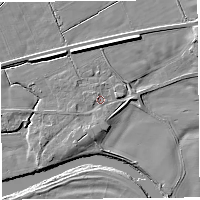 Shaded relief map of the ground around CA64QR, computed from Environment Agency LiDAR. The ground here sits at about 19 m above sea level and falls 9 m across the surrounding 800 m. Surface water reaching this point runs off ground lying to the south, 2.7 m higher.