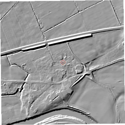 Shaded relief map of the ground around CA64QS, computed from Environment Agency LiDAR. The ground here sits at about 19 m above sea level and falls 9 m across the surrounding 800 m. Surface water reaching this point runs off ground lying to the east-south-east, 2.9 m higher.