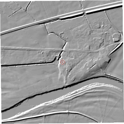 Shaded relief map of the ground around CA64QT, computed from Environment Agency LiDAR. The ground here sits at about 18 m above sea level and falls 10 m across the surrounding 800 m. Surface water reaching this point runs off ground lying to the north-north-east, 5.8 m higher.