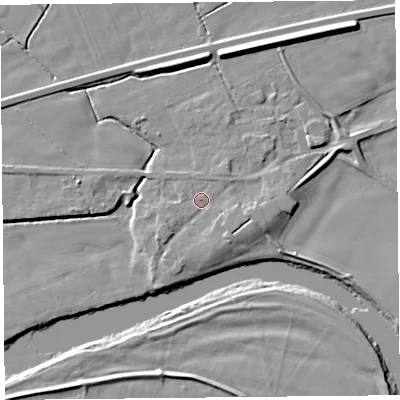 Shaded relief map of the ground around CA64QU, computed from Environment Agency LiDAR. The ground here sits at about 19 m above sea level and falls 10 m across the surrounding 800 m. Surface water reaching this point runs off ground lying to the east-south-east, 2.4 m higher.