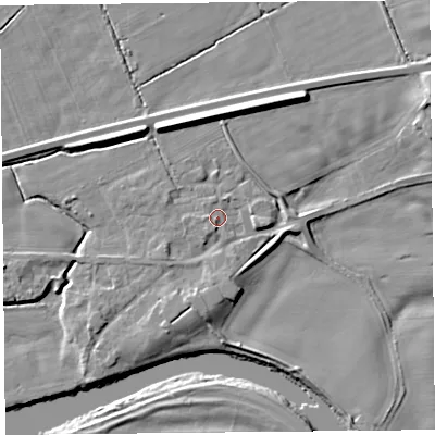 Shaded relief map of the ground around CA64QW, computed from Environment Agency LiDAR. The ground here sits at about 19 m above sea level and falls 9 m across the surrounding 800 m. Surface water reaching this point runs off ground lying to the south, 2.7 m higher.