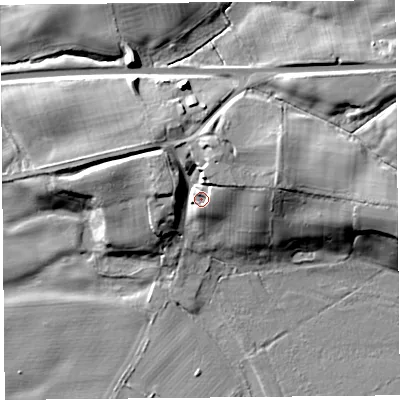 Shaded relief map of the ground around CA64QZ, computed from Environment Agency LiDAR. The ground here sits at about 26 m above sea level and falls 17 m across the surrounding 800 m. Surface water reaching this point runs off ground lying to the north-north-east, 8.7 m higher.