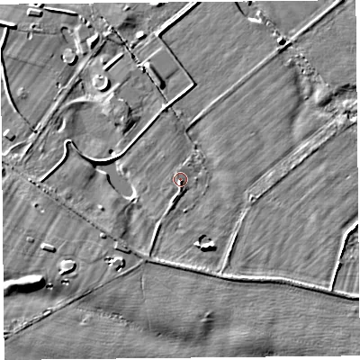 Shaded relief map of the ground around CA64RA, computed from Environment Agency LiDAR. The ground here sits at about 20 m above sea level and falls 5 m across the surrounding 800 m. Surface water reaching this point runs off ground lying to the south-south-west, 0.9 m higher.