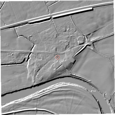 Shaded relief map of the ground around CA64RB, computed from Environment Agency LiDAR. The ground here sits at about 19 m above sea level and falls 9 m across the surrounding 800 m. Surface water reaching this point runs off ground lying to the south-south-east, 2.4 m higher.