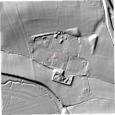Shaded relief map of the ground around CA64RW, computed from Environment Agency LiDAR. The ground here sits at about 11 m above sea level and falls 18 m across the surrounding 800 m. Surface water reaching this point runs off ground lying to the east-north-east, 7.5 m higher.