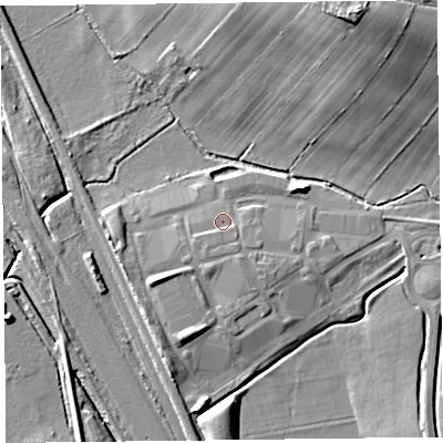 Shaded relief map of the ground around CA64SD, computed from Environment Agency LiDAR. The ground here sits at about 16 m above sea level and falls 17 m across the surrounding 800 m. Surface water reaching this point runs off ground lying to the south-south-east, 1.4 m higher.
