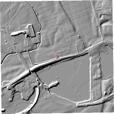 Shaded relief map of the ground around CA65LH, computed from Environment Agency LiDAR. The ground here sits at about 12 m above sea level and falls 9 m across the surrounding 800 m. Surface water reaching this point runs off ground lying to the east-north-east, 1.3 m higher.