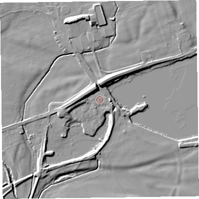 Shaded relief map of the ground around CA65LJ, computed from Environment Agency LiDAR. The ground here sits at about 12 m above sea level and falls 10 m across the surrounding 800 m. Surface water reaching this point runs off ground lying to the north-north-west, 6.4 m higher.