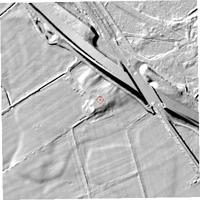 Shaded relief map of the ground around CA65LP, computed from Environment Agency LiDAR. The ground here sits at about 9 m above sea level and falls 13 m across the surrounding 800 m. The ground contributing surface water to this point lies to the north-east.