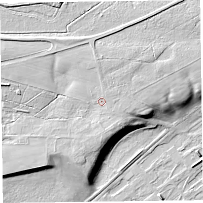 Shaded relief map of the ground around CA65LQ, computed from Environment Agency LiDAR. The ground here sits at about 22 m above sea level and falls 16 m across the surrounding 800 m. Surface water reaching this point runs off ground lying to the north-east, 1.2 m higher.