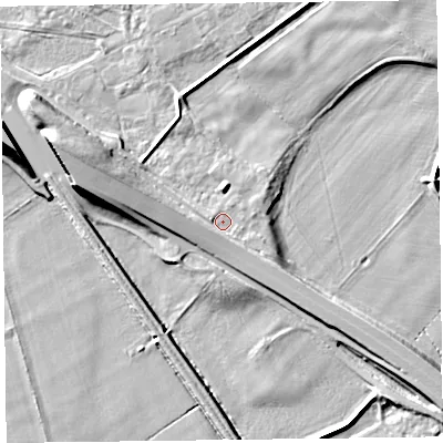 Shaded relief map of the ground around CA65LR, computed from Environment Agency LiDAR. The ground here sits at about 9 m above sea level and falls 12 m across the surrounding 800 m. Surface water reaching this point runs off ground lying to the south-west, 1.1 m higher.