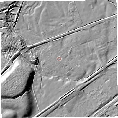 Shaded relief map of the ground around CA65LT, computed from Environment Agency LiDAR. The ground here sits at about 12 m above sea level and falls 14 m across the surrounding 800 m. Surface water reaching this point runs off ground lying to the west-south-west, 0.6 m higher.