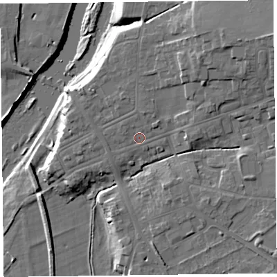 Shaded relief map of the ground around CA65LX, computed from Environment Agency LiDAR. The ground here sits at about 18 m above sea level and falls 18 m across the surrounding 800 m. Surface water reaching this point runs off ground lying to the north, 1.7 m higher.