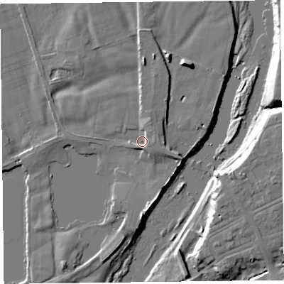 Shaded relief map of the ground around CA65LY, computed from Environment Agency LiDAR. The ground here sits at about 13 m above sea level and falls 12 m across the surrounding 800 m. Surface water reaching this point runs off ground lying to the east, 2.8 m higher.