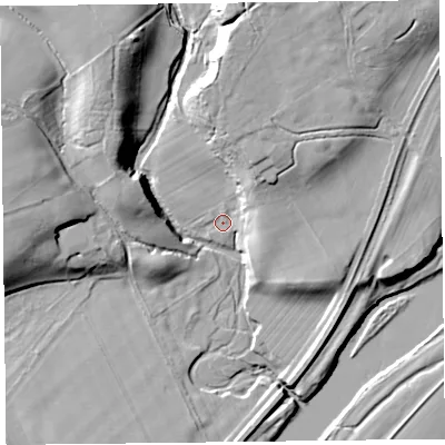 Shaded relief map of the ground around CA65NB, computed from Environment Agency LiDAR. The ground here sits at about 20 m above sea level and falls 23 m across the surrounding 800 m. Surface water reaching this point runs off ground lying to the north, 13.7 m higher.